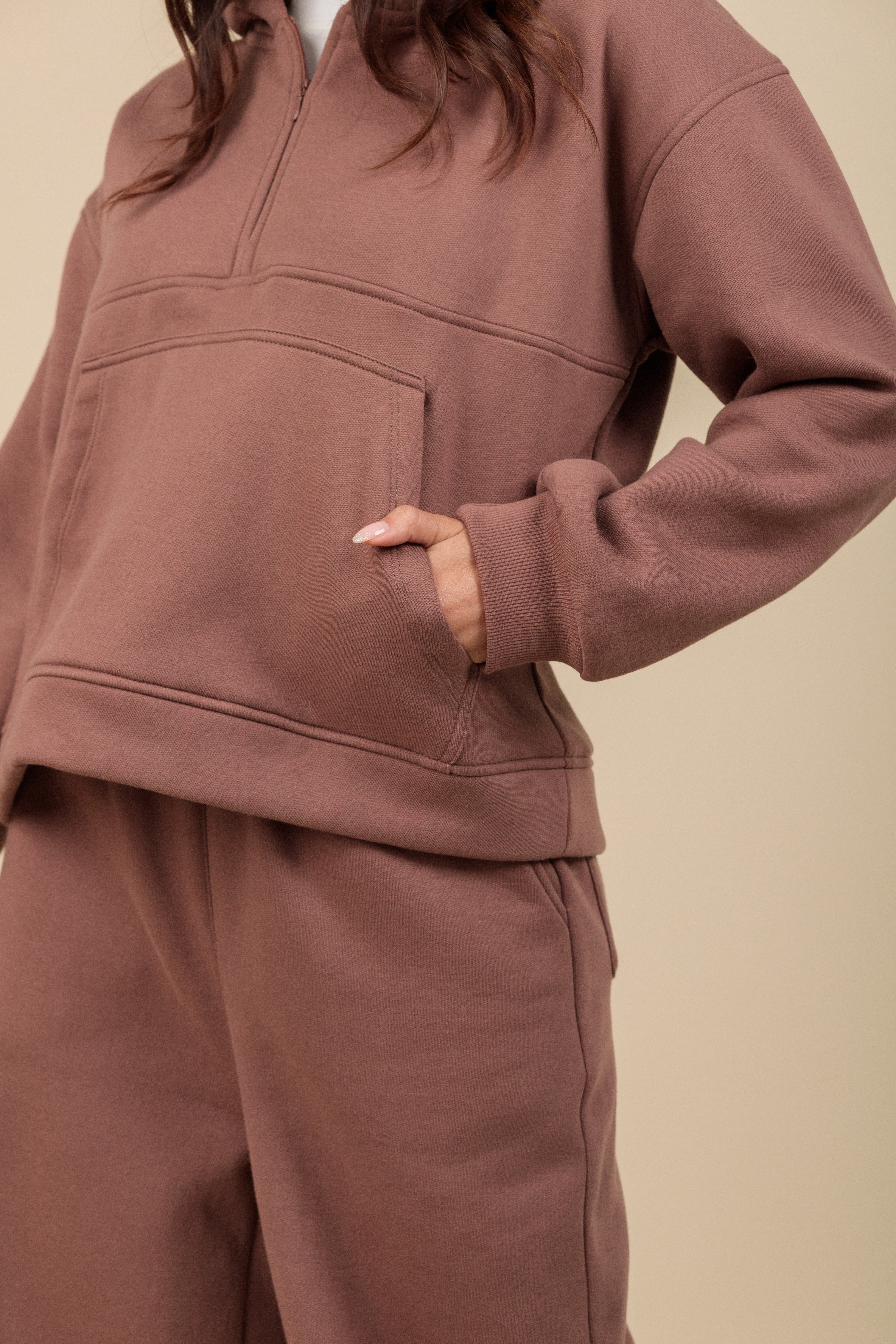 Hoodie half zip Alma cocoa